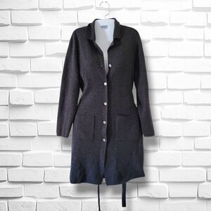 Sarah Spencer | Dark Gray Button Down Self-Tie Merino Wool Duster Cardigan